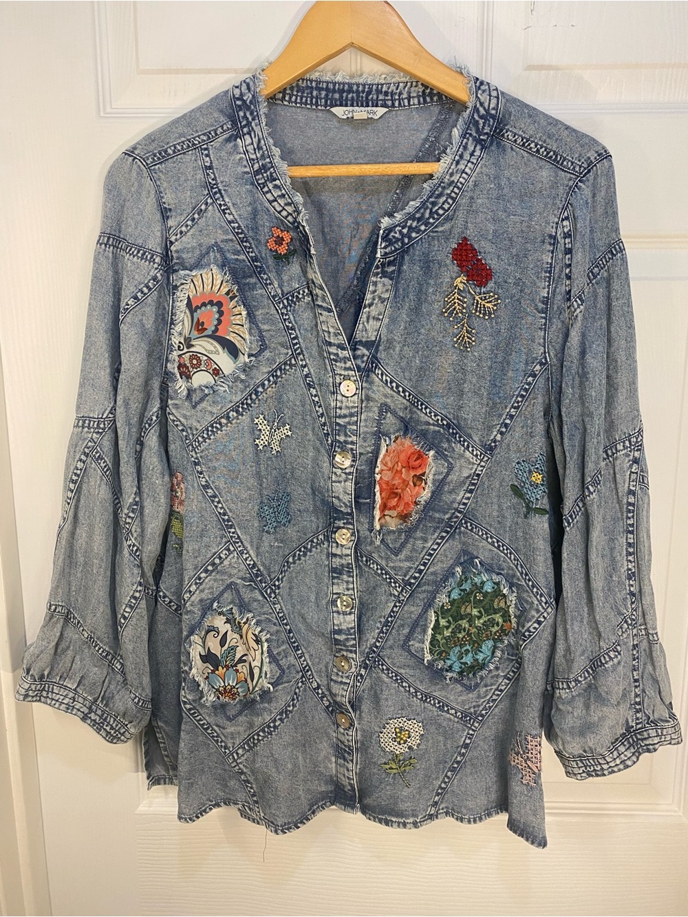 John Mark L Boho Washed Denim Button-Front Shirt with Floral Embroidery